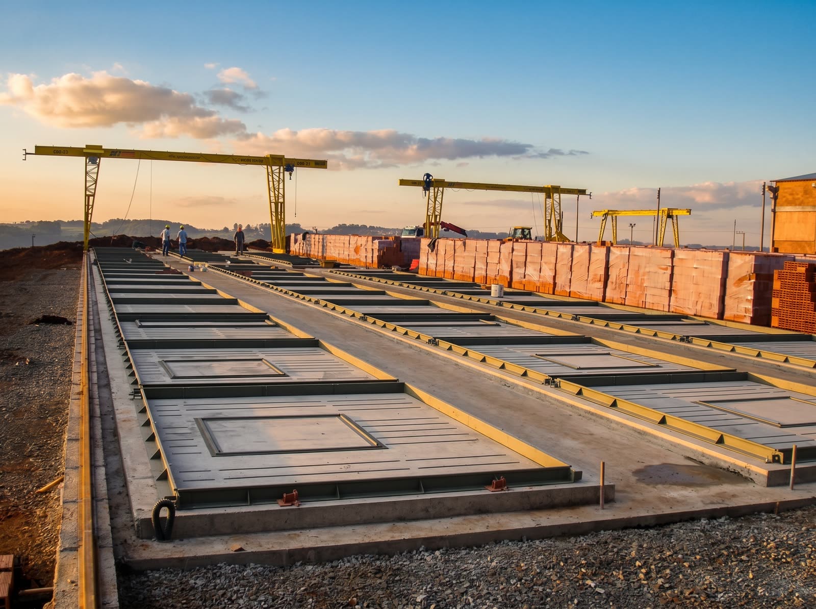 Concretagem de painéis em pista de produção