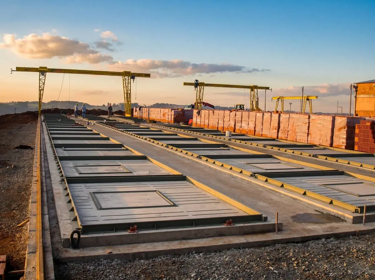 Concretagem de painéis em pista de produção
